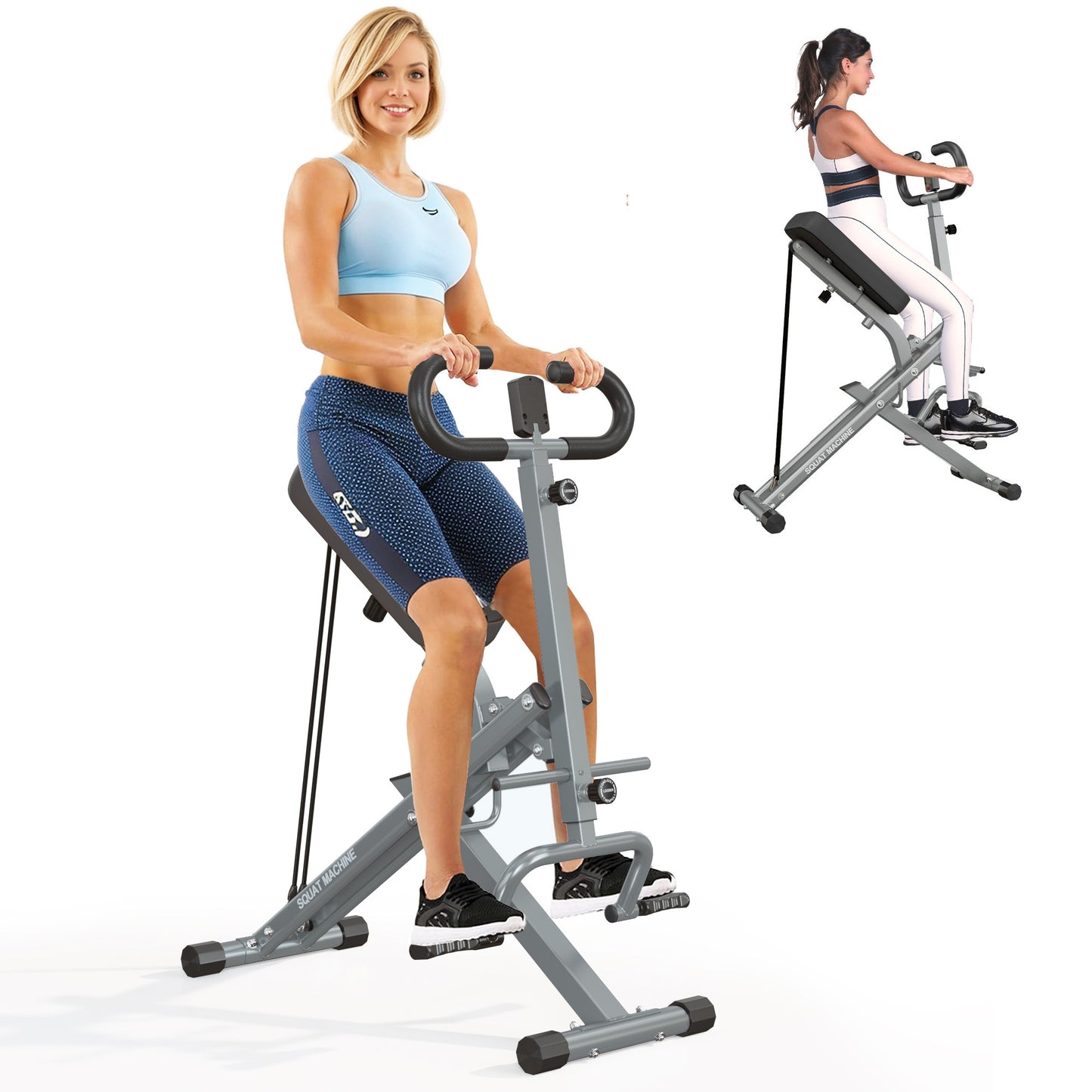 Two users demonstrating Home Gym Squat Machine - Adjustable Resistance. Foldable squat rowing machine suitable for various fitness levels.