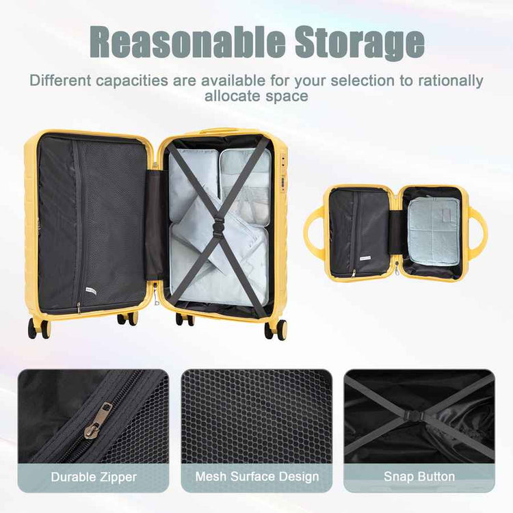 Yellow ABS spinner luggage set with durable zippers, mesh surface design, and a 14-inch cosmetic case for travel organization