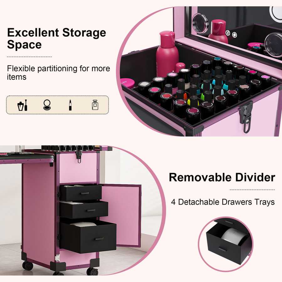 Pink nail art table with adjustable height and sturdy wheels
