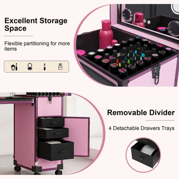 Pink nail art table with adjustable height and sturdy wheels