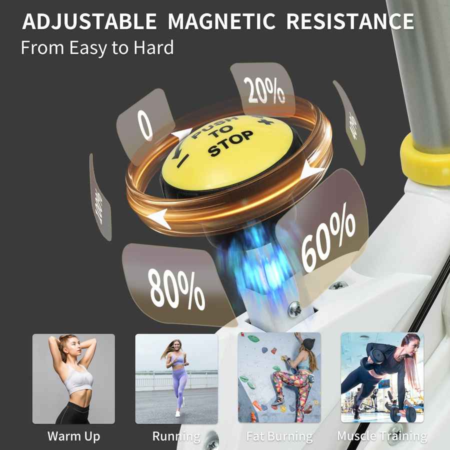 Adjustable magnetic resistance device with percentage indicators and fitness activities shown below.
