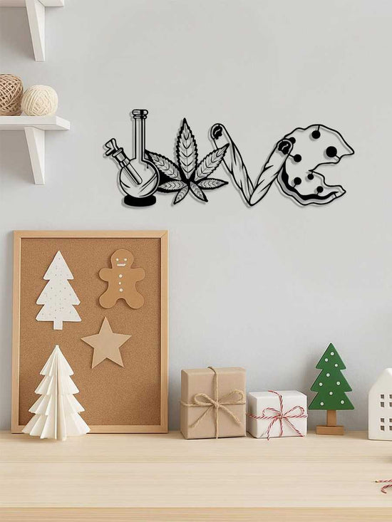 Vintage heart shaped wall sign with cannabis leaf, flask, and cookie design for love decor