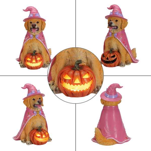 A golden retriever figurine styled as a witch, shown from multiple angles on a white background. The dog wears a pink witch hat and cape and sits next to a glowing jack-o&