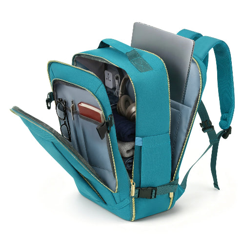 Teal backpack with compartments and items on a white background