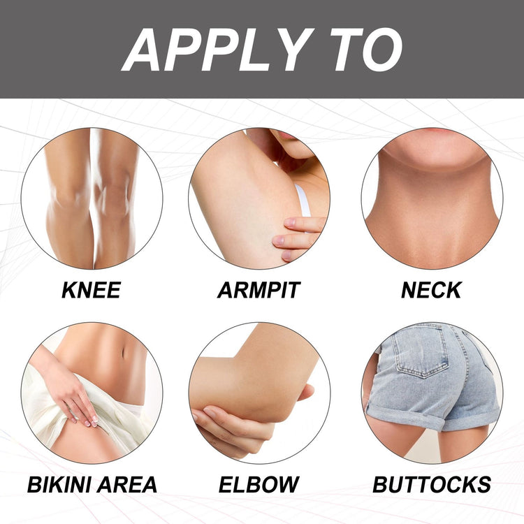 Illustrations of different body parts with text indicating where to apply a product.