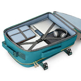 Open teal suitcase with organized contents on a white background