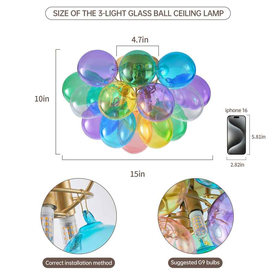 Colorful glass ball ceiling lamp with size measurements and installation method shown.