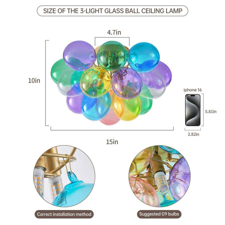 Colorful glass ball ceiling lamp with size measurements and installation method shown.