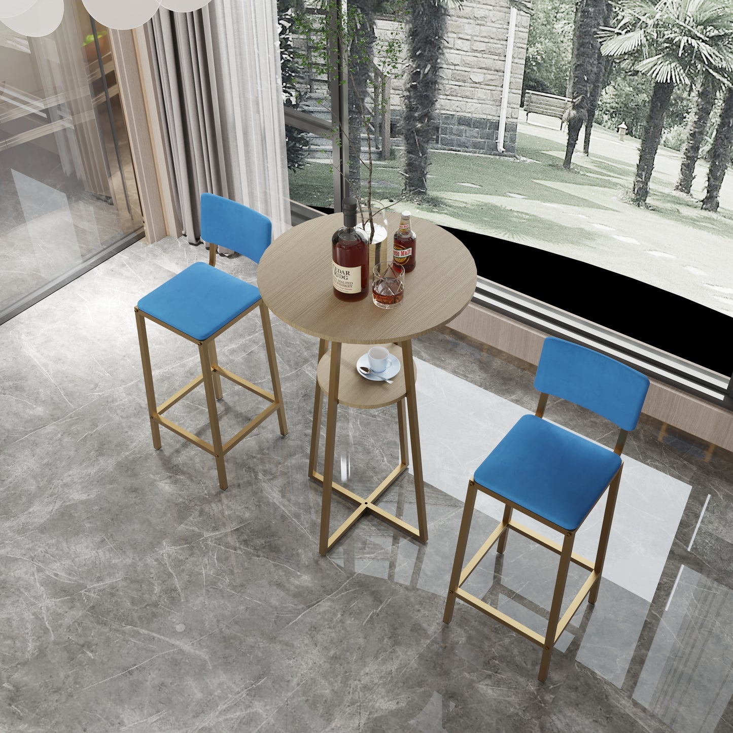 Overhead view of Bar Table and Chairs Set with gold frame, featuring a round tabletop and shelf, paired with blue cushioned bar stools.