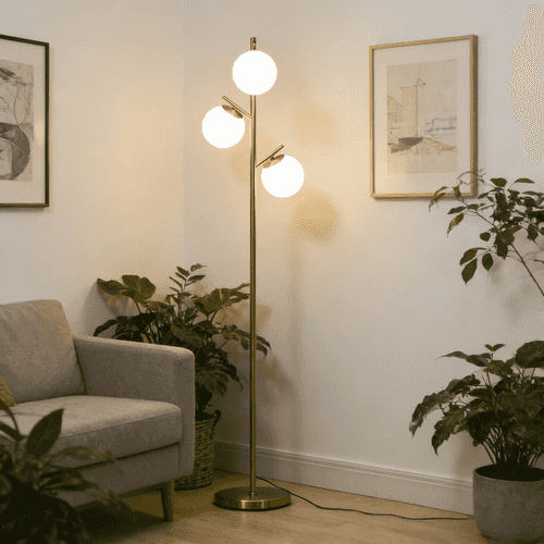 A modern floor lamp with a slim brass-colored metal pole and three spherical white glass shades, illuminated in a cozy living room corner next to a gray armchair and potted plants.