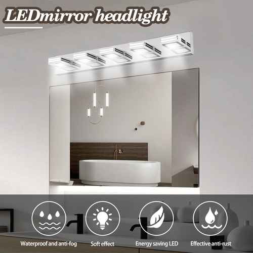 A rectangular LED mirror headlight mounted above a bathroom mirror, with text reading &
