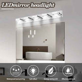 A rectangular LED mirror headlight mounted above a bathroom mirror, with text reading &