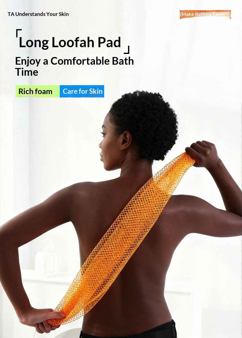 A woman shown from the back with her hair up, holding an orange mesh bath towel or loofah pad across her shoulders. The image includes promotional text reading &