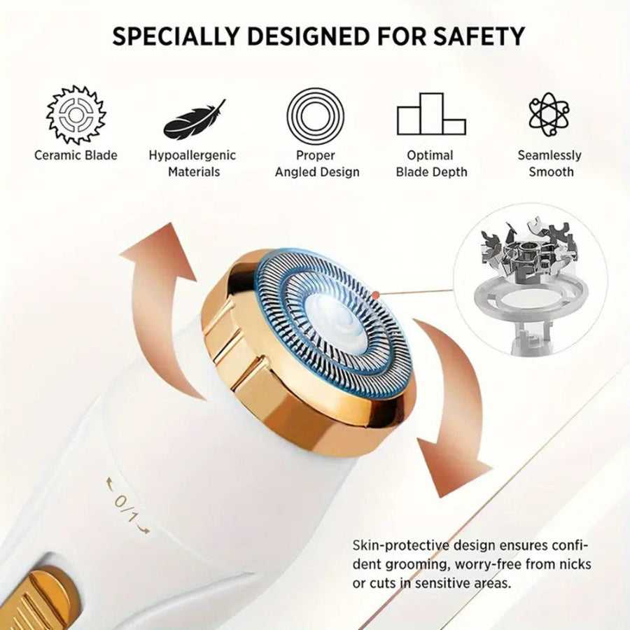 Safety features of women's electric shaver with ceramic blade and hypoallergenic materials