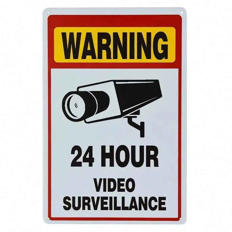 Warning sign with 24-hour video surveillance text and icon on a white background