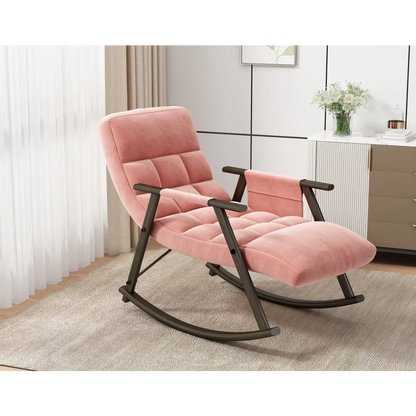 Casual folding rocking chair upholstered, lounge rocking chair adjustable high back and footrest, side pockets placed in living room bedroom balcony MLNshops]