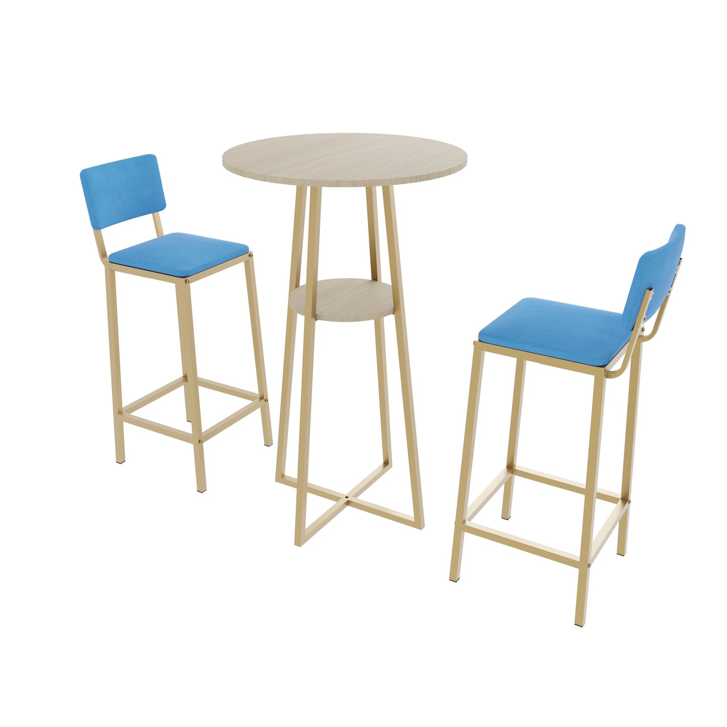 Modern Bar Table Set with gold metal frame, round tabletop, and two blue seat bar stools, ideal for compact dining spaces.
