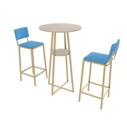 Modern Bar Table Set with gold metal frame, round tabletop, and two blue seat bar stools, ideal for compact dining spaces.