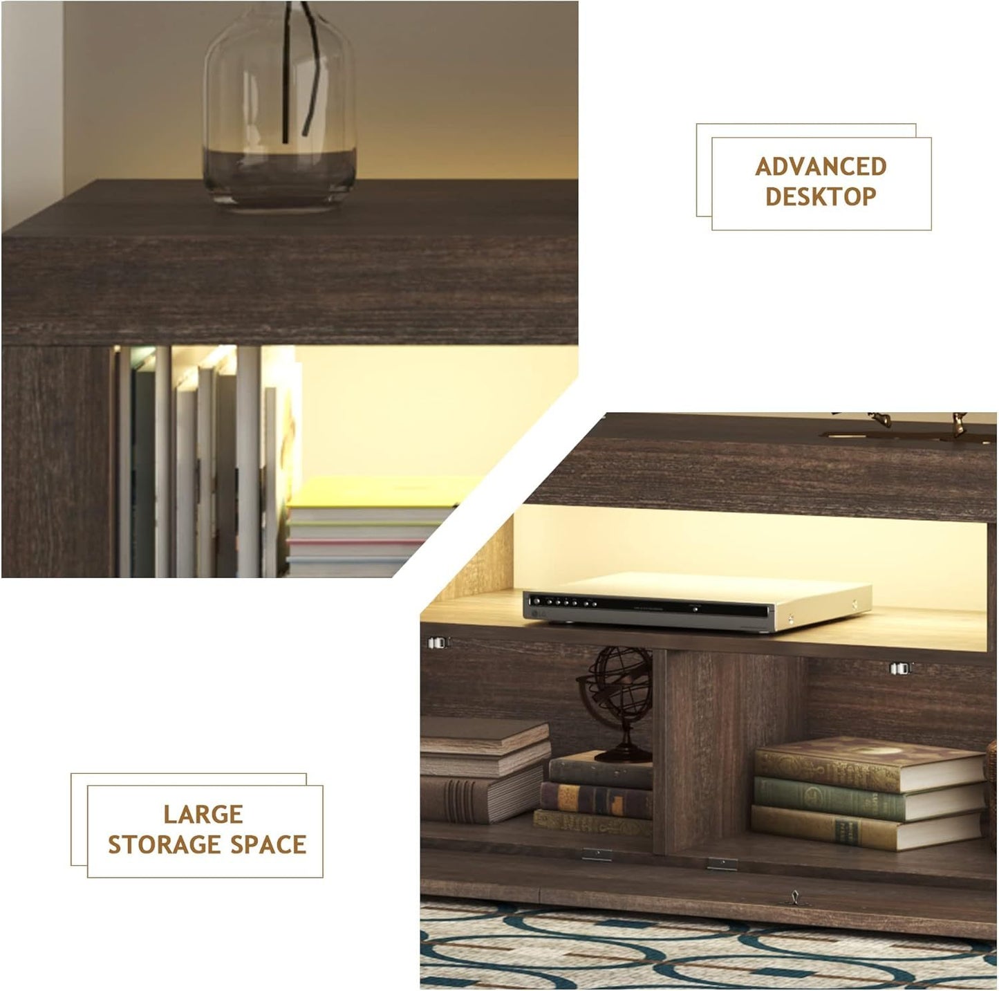 Close-up of Modern LED TV Stand with Storage, highlighting large compartments and advanced desktop for books and media devices.