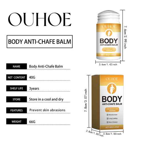Product information graphic for OUHOE Body Anti-Chafe Balm, showing the bottle and box packaging with dimensions, plus text listing name, net content 40G, shelf life 3 years, storage instructions, features, and weight 66G on a white background.