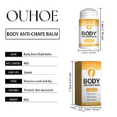 Product information graphic for OUHOE Body Anti-Chafe Balm, showing the bottle and box packaging with dimensions, plus text listing name, net content 40G, shelf life 3 years, storage instructions, features, and weight 66G on a white background.