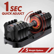 Adjustable Dumbbell Set 22.5lb with 1-second quick adjust dial and 5 weight settings, ideal for efficient home workouts.