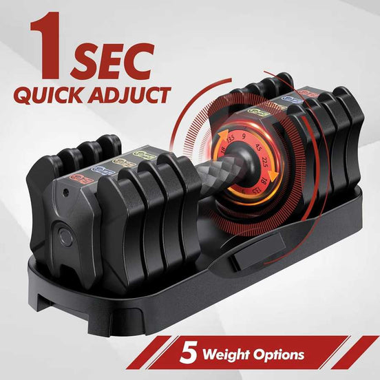 Adjustable Dumbbell Set 22.5lb with 1-second quick adjust dial and 5 weight settings, ideal for efficient home workouts.