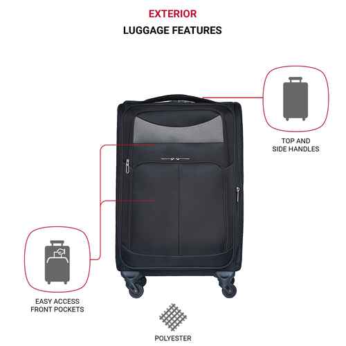 Black suitcase with labeled features on a white background