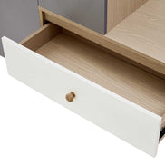 Close-up of the white drawer on the multi-functional shoe storage bench, showcasing spacious interior and smooth wood finish.