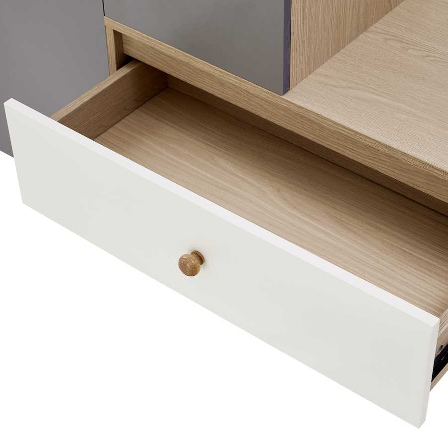 Close-up of the white drawer on the multi-functional shoe storage bench, showcasing spacious interior and smooth wood finish.