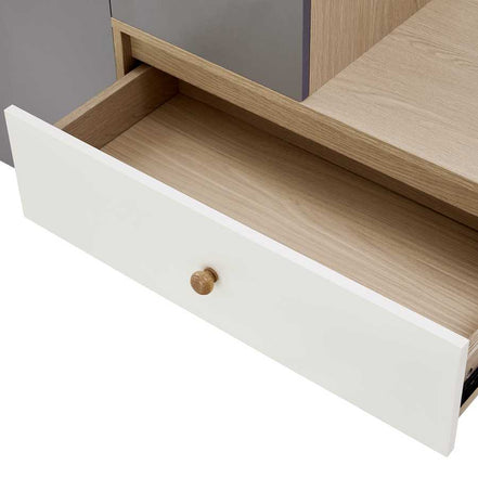 Close-up of the white drawer on the multi-functional shoe storage bench, showcasing spacious interior and smooth wood finish.