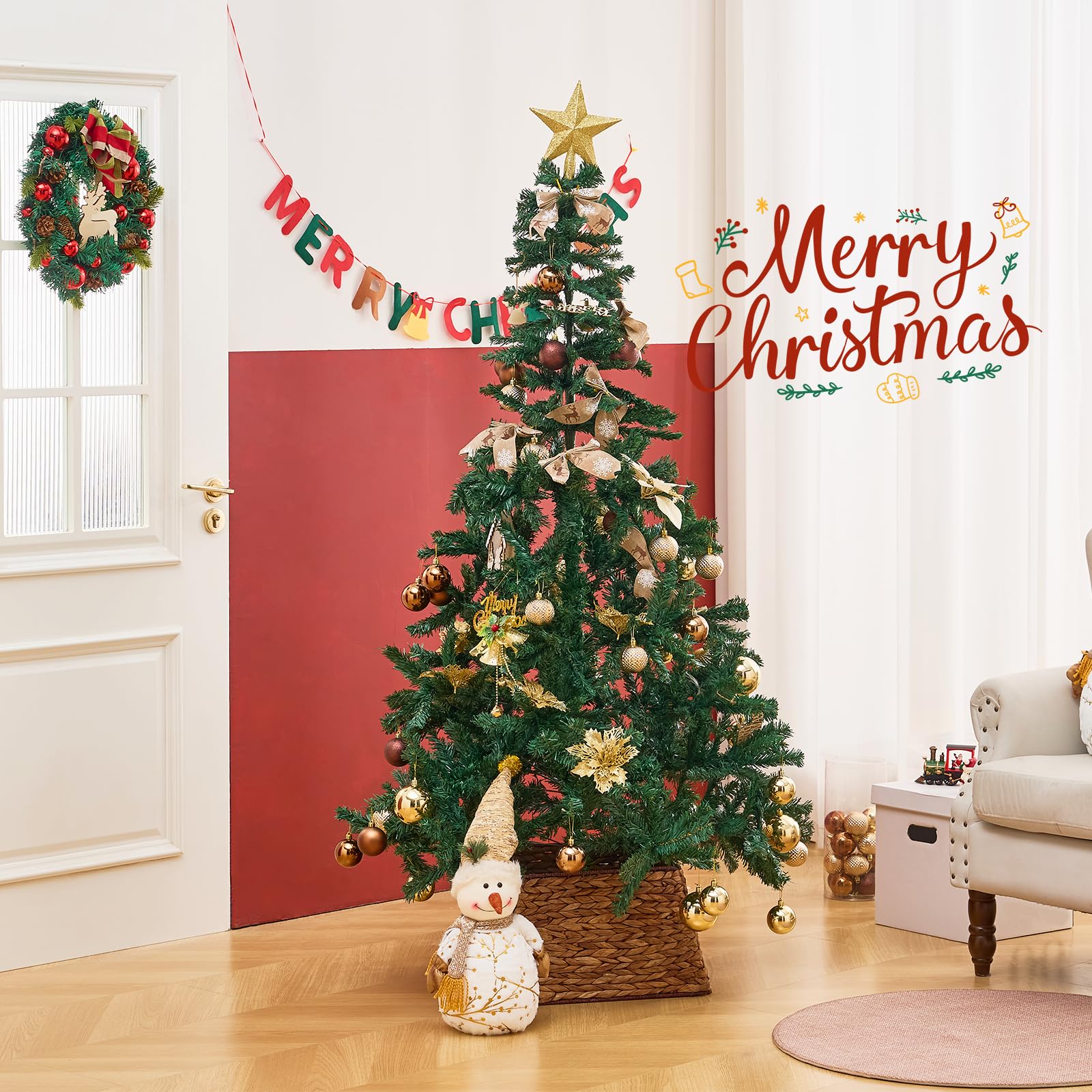 Christmas tree with Stylish Hyacinth Wicker Tree Skirt in a festive room setting, enhancing seasonal charm with natural woven texture.