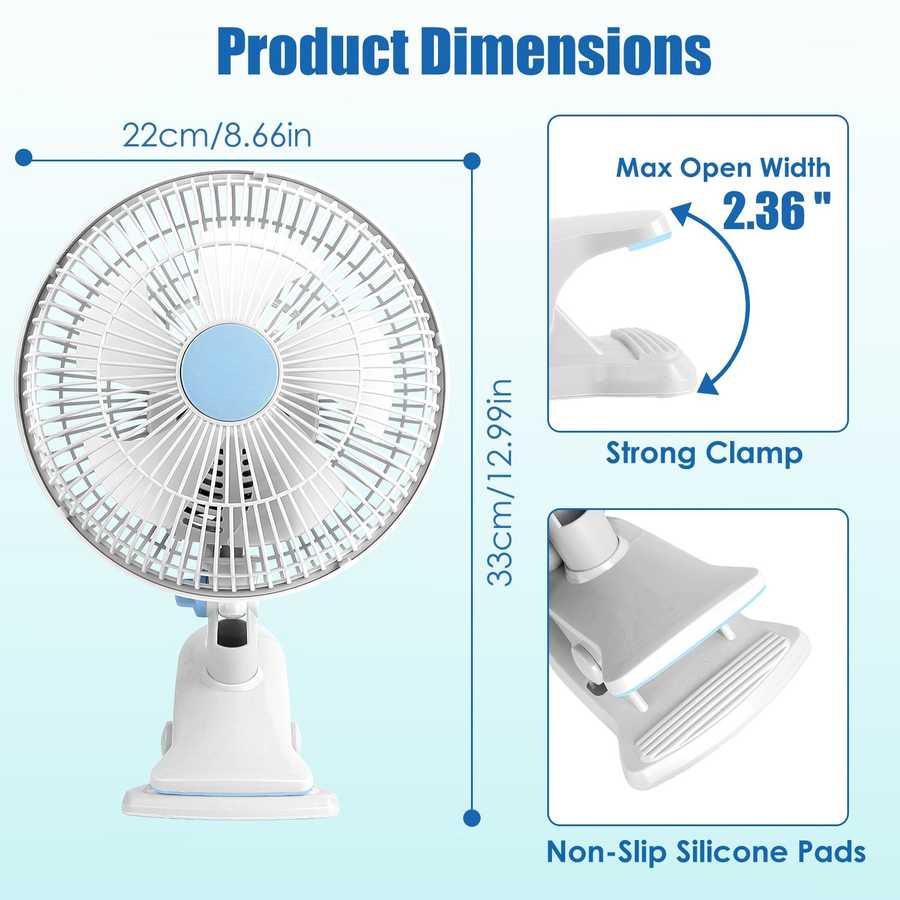 Product dimensions and structure with fan blades, cover, and non-slip pads