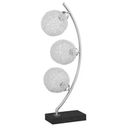Contemporary McDougal Black 30-inch Woven Metal Table Lamp with triple globe design and LED bulbs on a curved silver frame