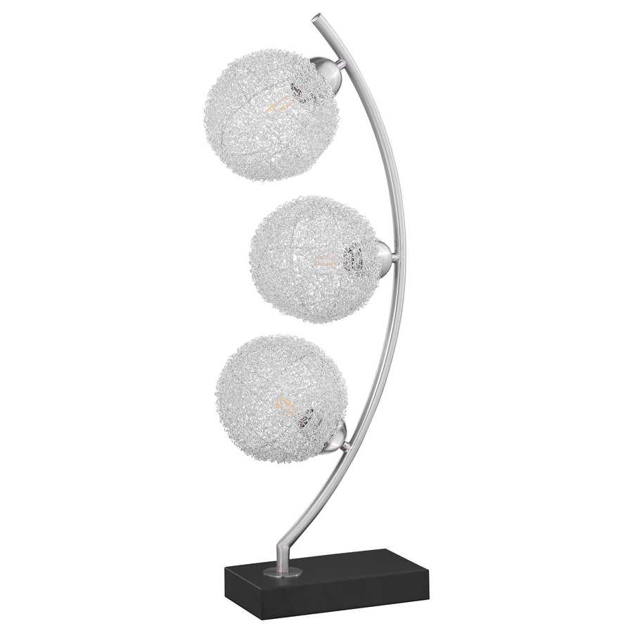 Contemporary McDougal Black 30-inch Woven Metal Table Lamp with triple globe design and LED bulbs on a curved silver frame