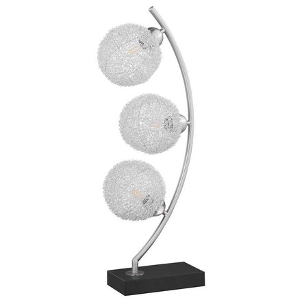 Contemporary McDougal Black 30-inch Woven Metal Table Lamp with triple globe design and LED bulbs on a curved silver frame
