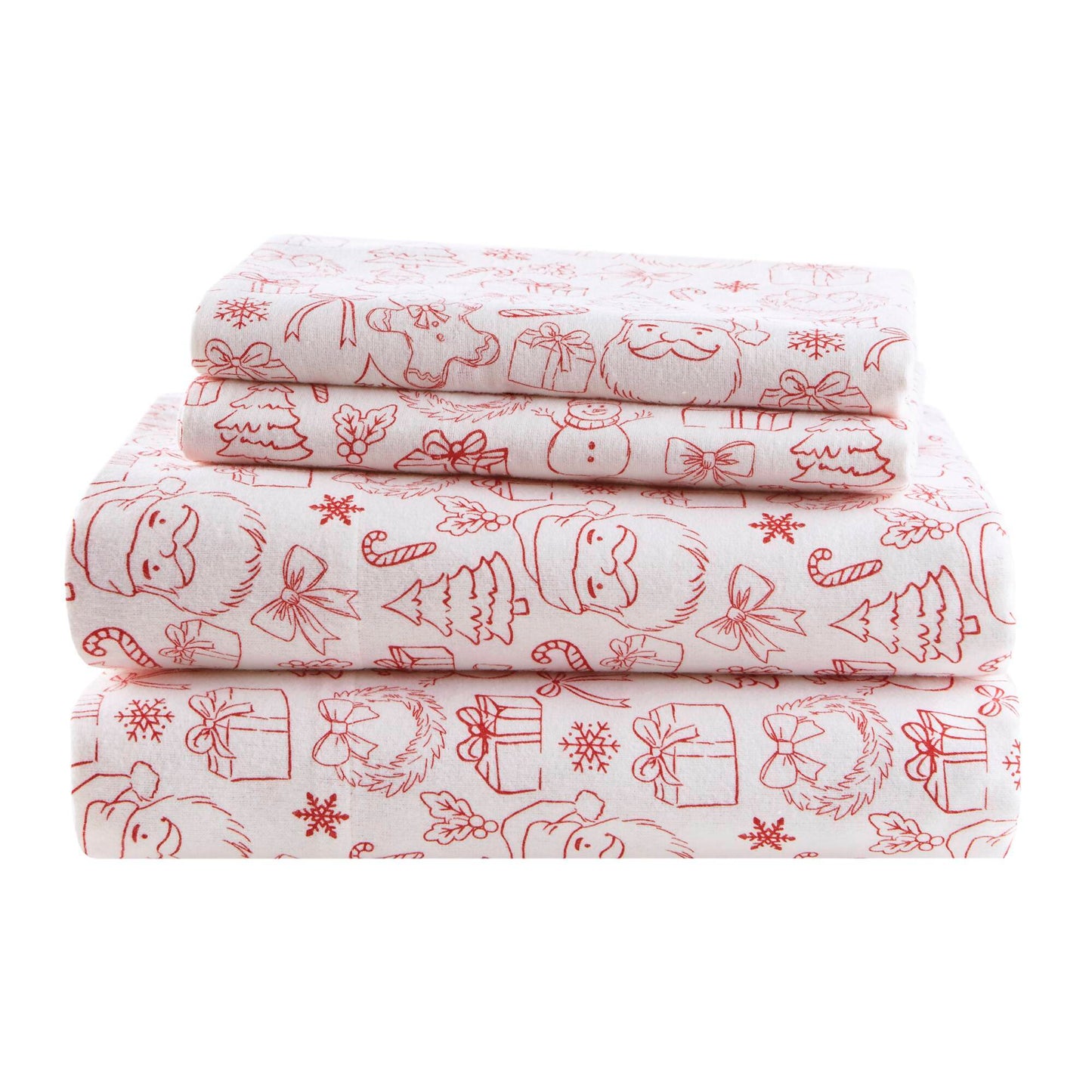 Holiday Doodles - Twin XL Cotton Flannel Sheet Set folded to show festive red holiday doodles on soft white cotton flannel fabric.