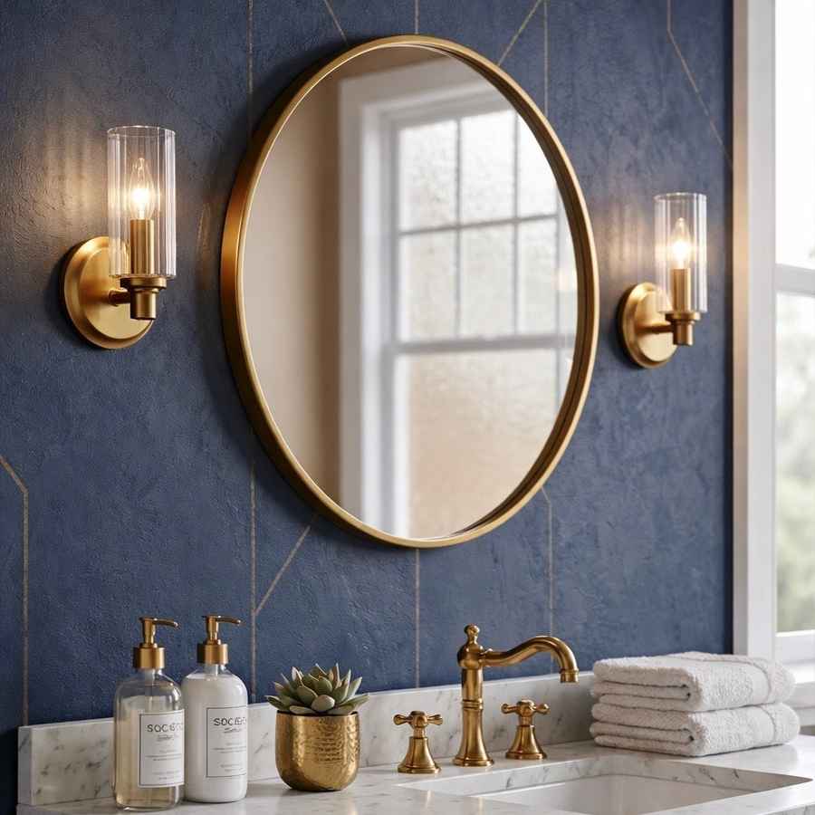 Bathroom with round gold mirror, sink, and decorative items against a blue tiled wall.