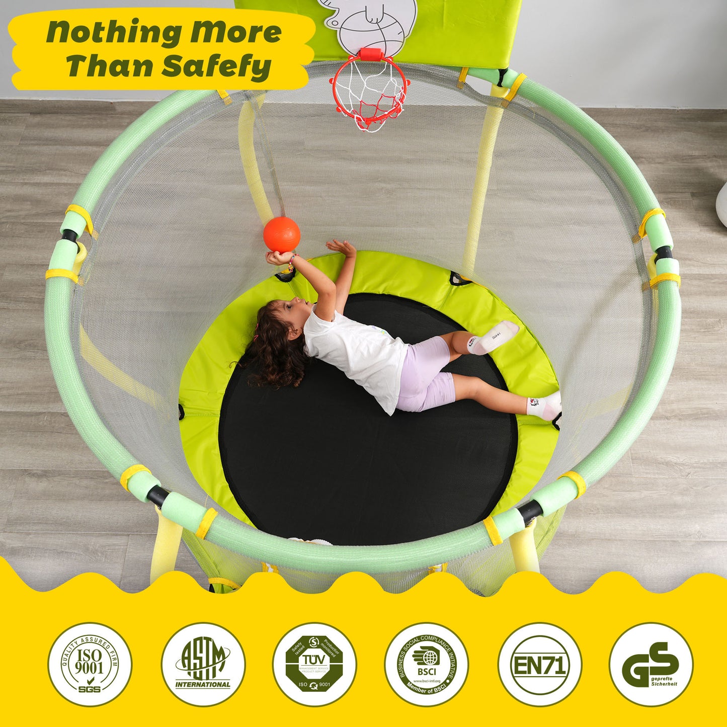 4FT Trampoline for Kids - 48" Indoor Mini Toddler Trampoline with Enclosure, Basketball Hoop and Ball Included.