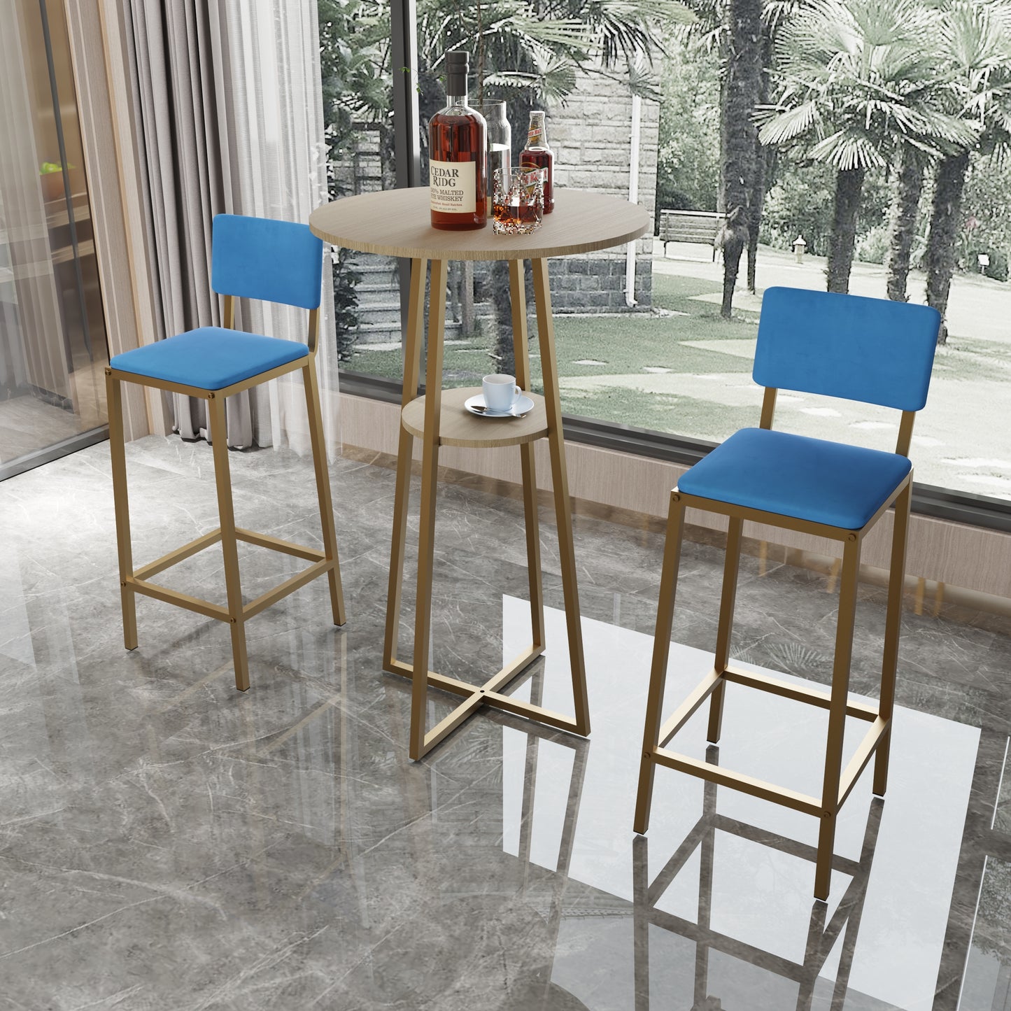 Bar Table and Chairs Set with gold frame and blue cushions, ideal for modern interiors, includes a round table with storage shelf.
