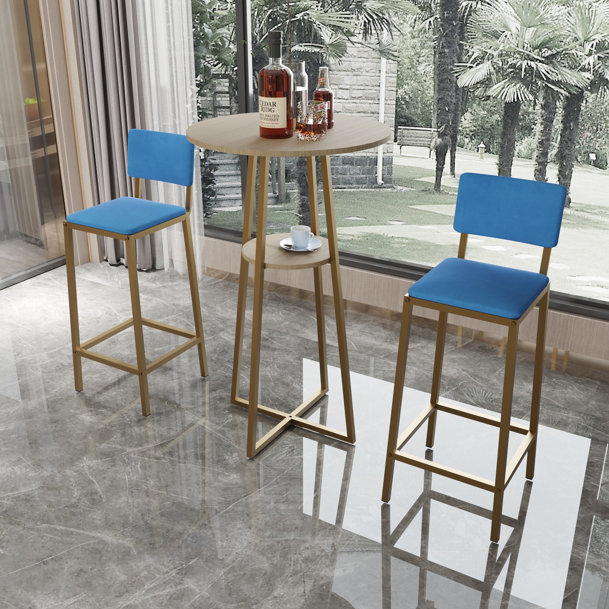 Bar Table and Chairs Set with gold frame and blue cushions, ideal for modern interiors, includes a round table with storage shelf.