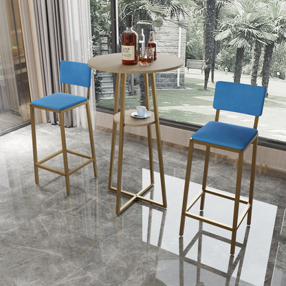 Bar Table and Chairs Set with gold frame and blue cushions, ideal for modern interiors, includes a round table with storage shelf.