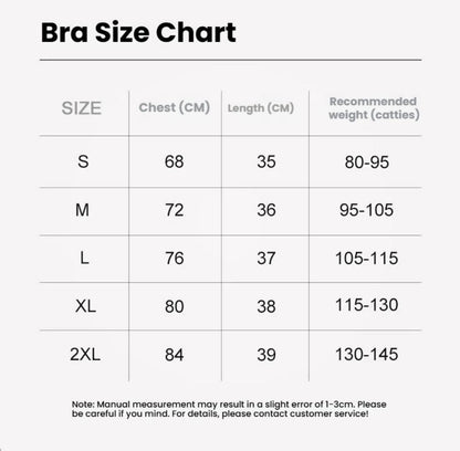 Bra size chart for Yoga Clothes Top - Slim Fit, showing chest measurements, length, and recommended weight for sizes S to 2XL.