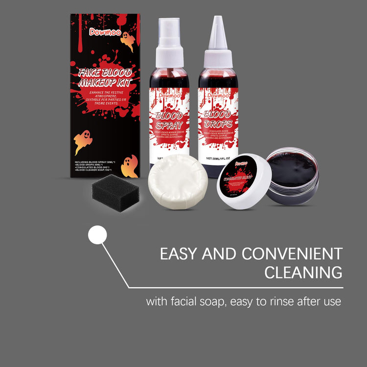 A fake blood makeup kit displayed on a dark gray background, including a black box, two bottles of fake blood, a small black sponge, a round bar of white soap, a small jar of dark red liquid, and text reading &
