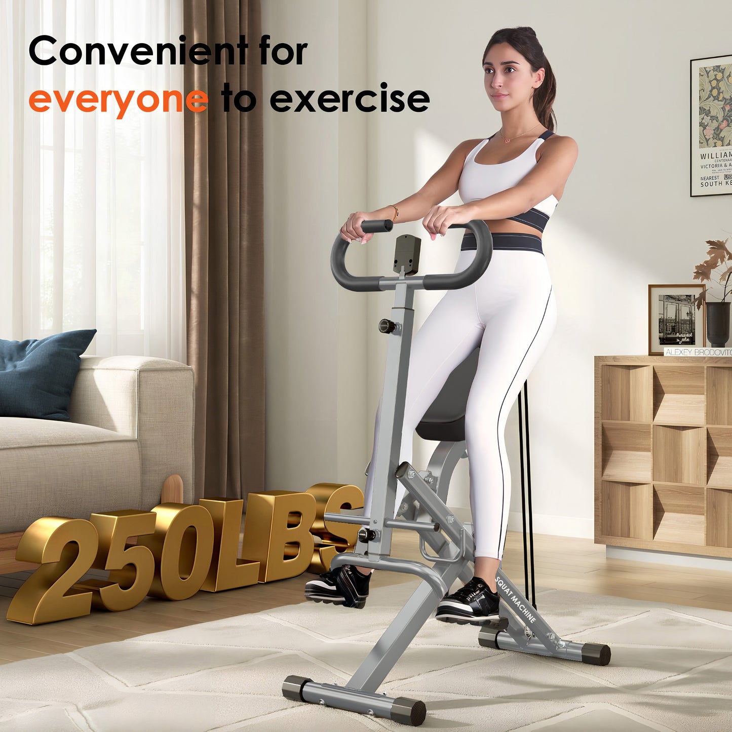 Home Gym Squat Machine supports up to 250 lbs, designed for all fitness levels. Foldable squat rowing machine for convenient home exercise.