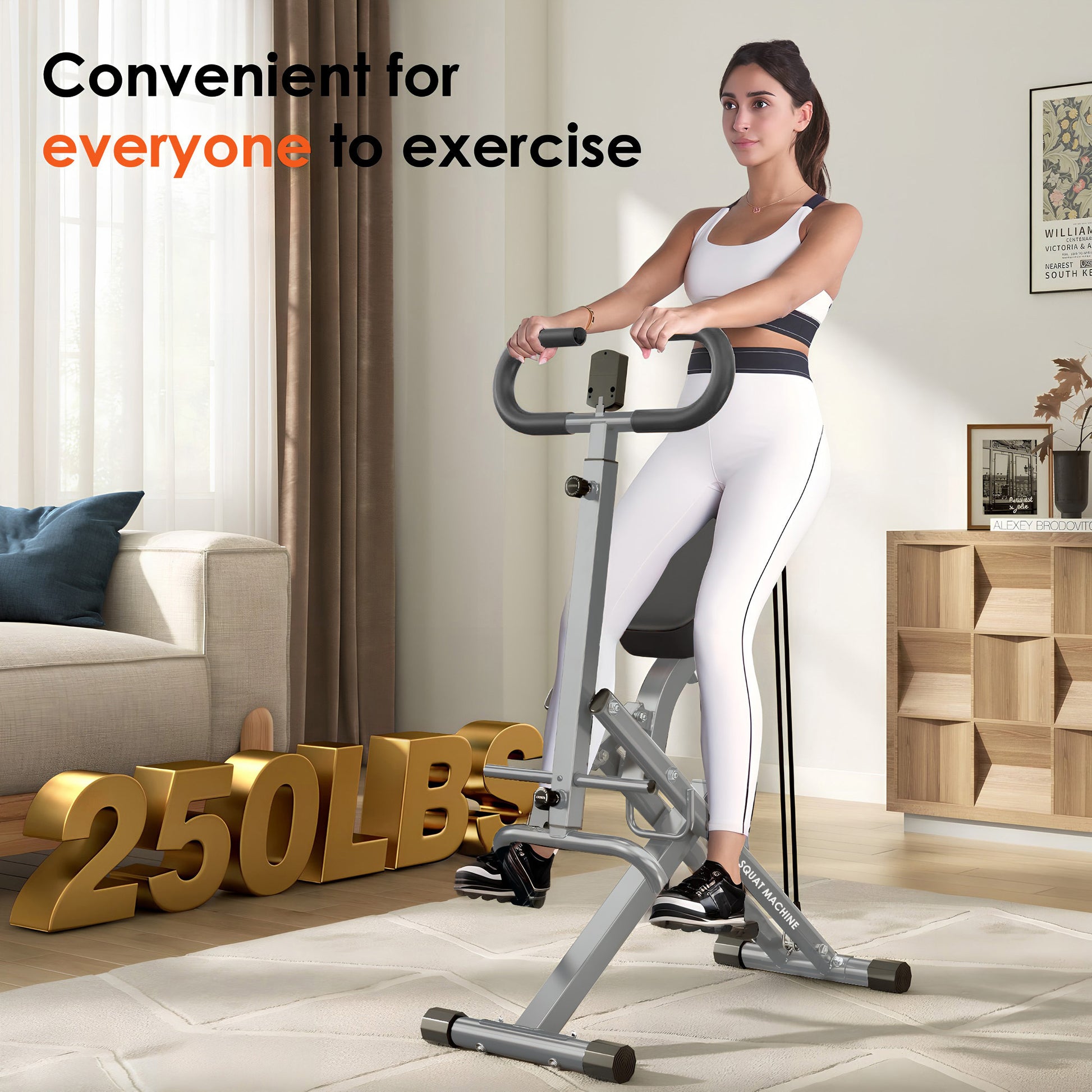 Home Gym Squat Machine supports up to 250 lbs, designed for all fitness levels. Foldable squat rowing machine for convenient home exercise.
