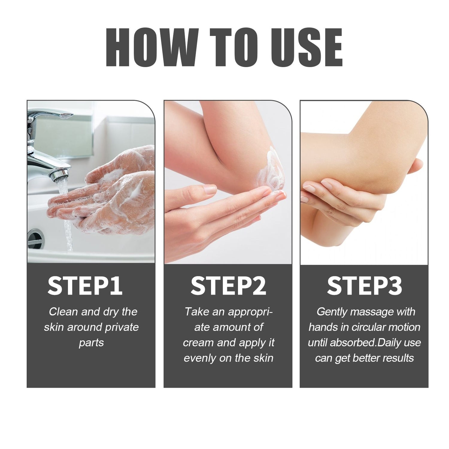 Instructions on how to use a product for personal care, shown in three steps.