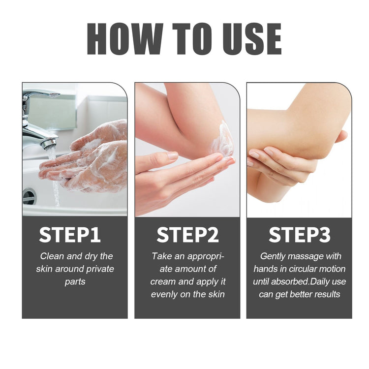 Instructions on how to use a product for personal care, shown in three steps.