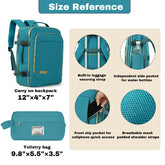 Teal backpack and toiletry bag with size reference and feature highlights on a beige background.