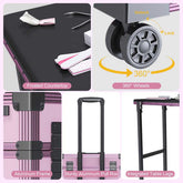Pink nail art table with detailed dimensions and features